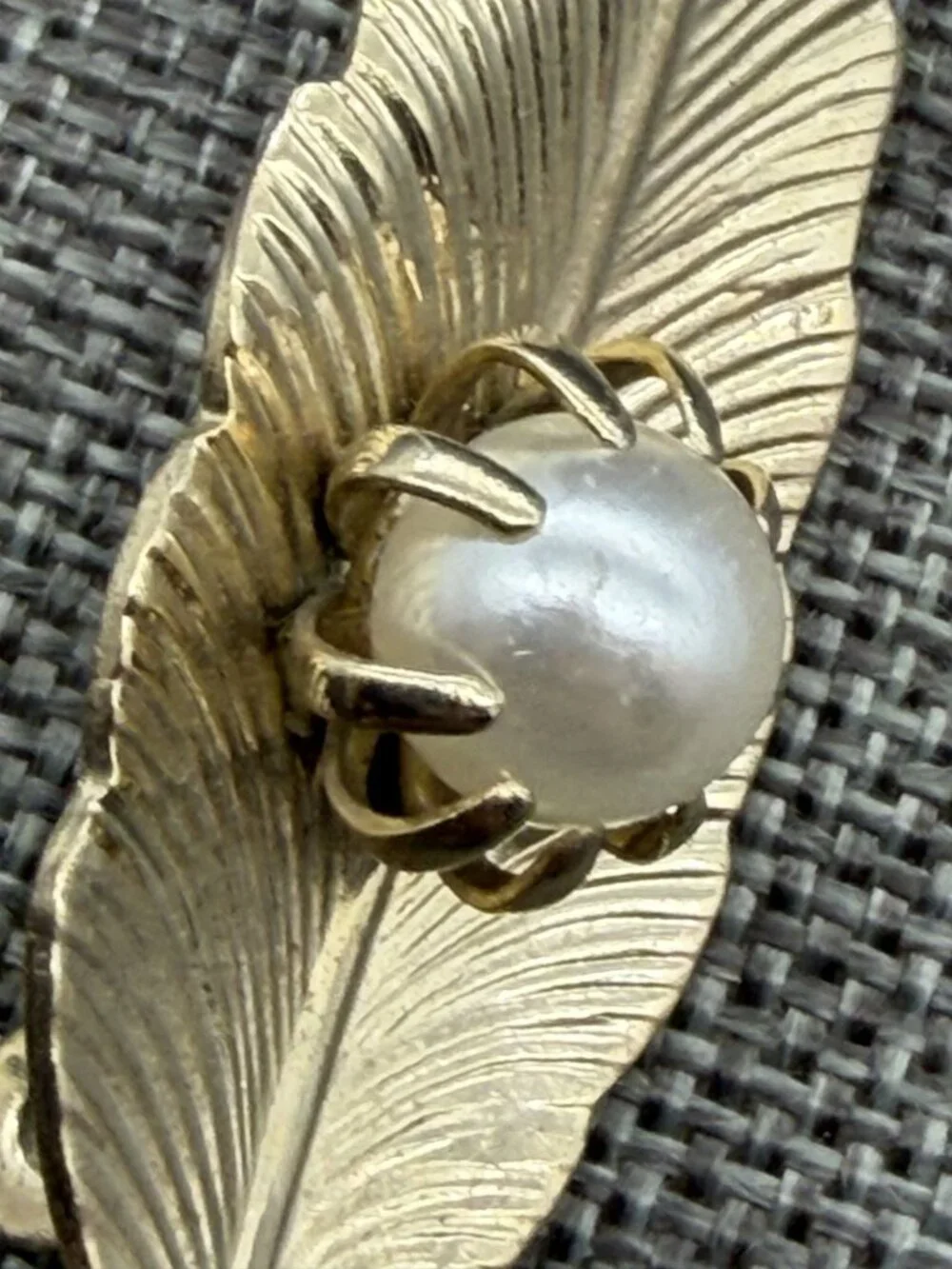 Leaf Feather Brooch 2.25 In Shell Pearl Accent Gold Elegant Vintage Retro Glam
